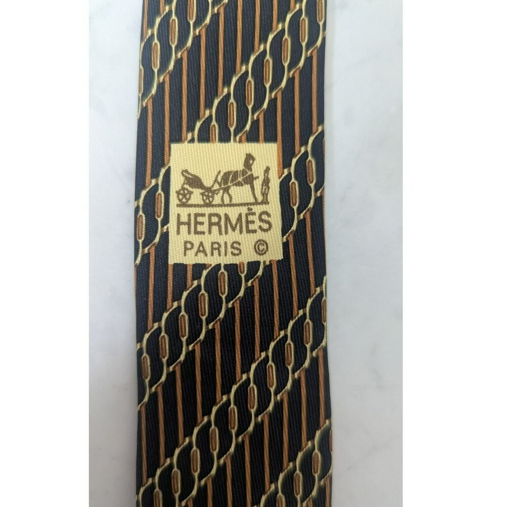 Mens Hermes designer silk tie gold burgandy brown colorway graphic design - Picture 4 of 10